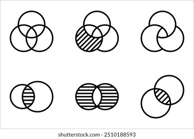 Conjunto de iconos de diagrama de Venn. Diseño de símbolos lineales de diagrama de Venn de la colección Analytics. Ilustración vectorial sobre fondo blanco.