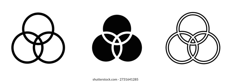 Conjunto de iconos de diagrama de Venn, Vector de tres círculos superpuestos, colección de símbolos de gráfico de intersección

