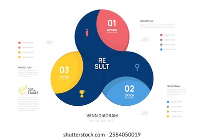 Venn diagram infographic 3 circle chart template for business start up presentation with venn diagram elements vector illustration.