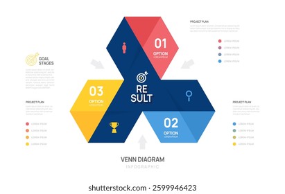 Venn diagram infographic 3 hexagon chart template for business start up presentation with venn diagram elements vector illustration.