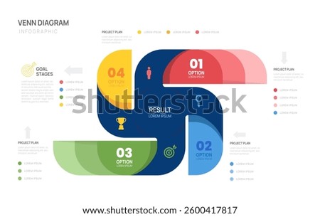 Venn diagram infographic 4 chart template for business start up presentation with venn diagram elements vector illustration.