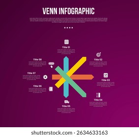 venn diagram infographic with with 8 point dark background style for slide presentation vector