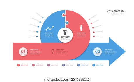 Venn diagram infographic arrow chart jigsaw template for business start up presentation with glassmorphism elements vector illustration.