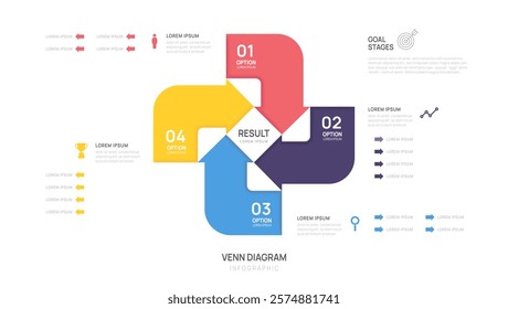 Venn diagram infographic chart arrow template for business start up. presentation 4 steps with venn diagram elements vector illustration.