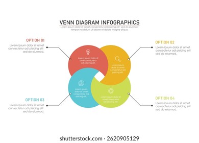 Venn diagram infographic chart template for business 3 parts, options, presentation with venn diagram elements vector illustration.	