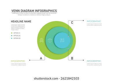 Venn diagram infographic chart template for business 3 parts, options, presentation with venn diagram elements vector illustration.