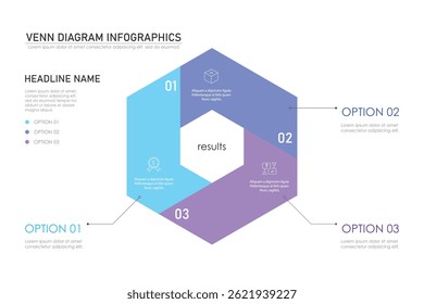 Modelo de gráfico infográfico de diagrama de Venn para negócios 3 partes, opções, apresentação com ilustração vetorial de elementos de diagrama de Venn.