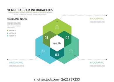 Modelo de gráfico infográfico de diagrama de Venn para negócios 3 partes, opções, apresentação com ilustração vetorial de elementos de diagrama de Venn.
