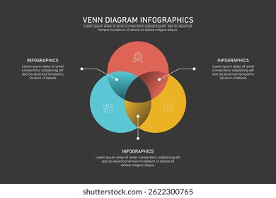 Venn diagram infographic chart template for business 3 parts, options, presentation with venn diagram elements vector illustration.