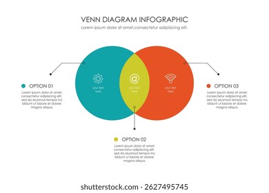 Venn diagram infographic chart template for business 3 parts, options, presentation with venn diagram elements vector illustration.