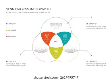 Venn diagram infographic chart template for business 3 parts, options, presentation with venn diagram elements vector illustration.
