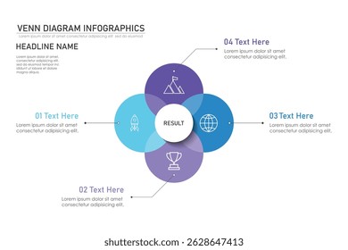 Venn diagram infographic chart template for business 3, 4, 6 parts, options, presentation with venn diagram elements vector illustration.