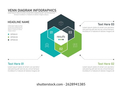 Venn diagram infographic chart template for business 3 parts, options, presentation with venn diagram elements vector illustration.
