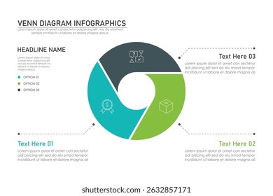 Venn diagram infographic chart template for business 3,  parts, options, presentation with venn diagram elements vector illustration.
