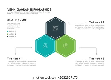 Venn diagram infographic chart template for business 3,  parts, options, presentation with venn diagram elements vector illustration.
