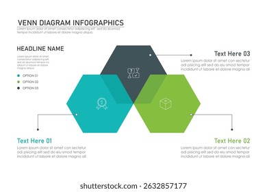 Venn diagram infographic chart template for business 3,  parts, options, presentation with venn diagram elements vector illustration.
