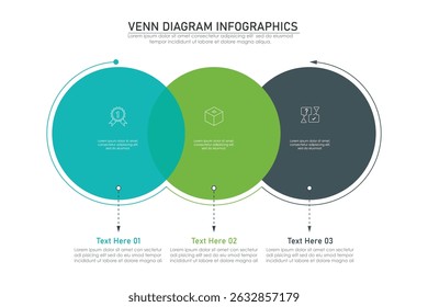 Venn diagram infographic chart template for business 3,  parts, options, presentation with venn diagram elements vector illustration.
