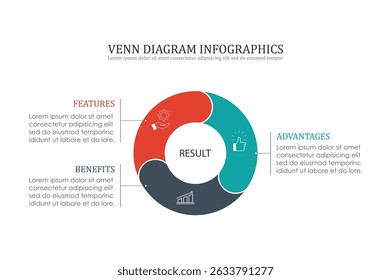 Venn diagram infographic chart template for business 3 parts, options, presentation with venn diagram elements vector illustration.