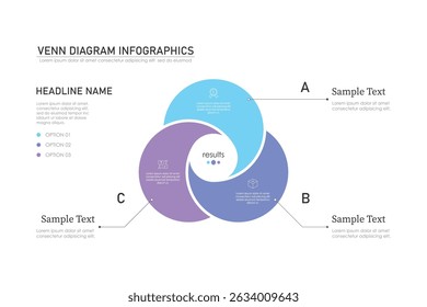 Venn diagram infographic chart template for business 3 parts, options, presentation with venn diagram elements vector illustration.
