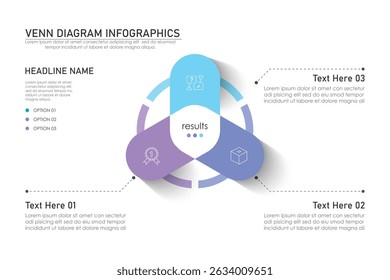 Modelo de gráfico infográfico de diagrama de Venn para negócios 3 partes, opções, apresentação com ilustração vetorial de elementos de diagrama de Venn.
