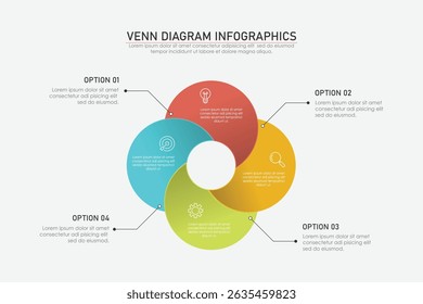 Modelo de gráfico infográfico de diagrama Venn para negócios 3, 4 partes, opções, apresentação com ilustração vetorial de elementos de diagrama venn.