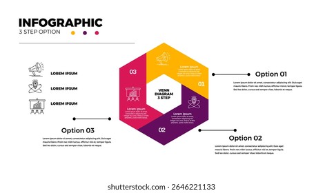 Venn diagram infographic chart template for business 3 step options, presentation with venn diagram elements vector illustration.