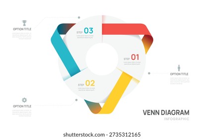 Venn diagram infographic chart template for business 3 color parts options, presentation with icon elements vector illustration.