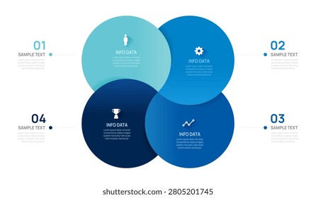 Venn diagram infographic chart template for business 4 parts options, presentation with venn diagram elements vector illustration.