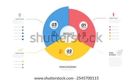 Venn diagram infographic chart template for business start up presentation with glassmorphism elements vector illustration.