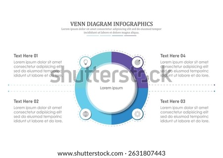 Venn diagram infographic chart template for business 3, 4, parts, options, presentation with venn diagram elements vector illustration.