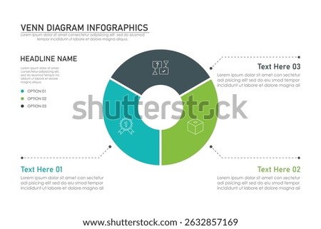 Venn diagram infographic chart template for business 3,  parts, options, presentation with venn diagram elements vector illustration.
