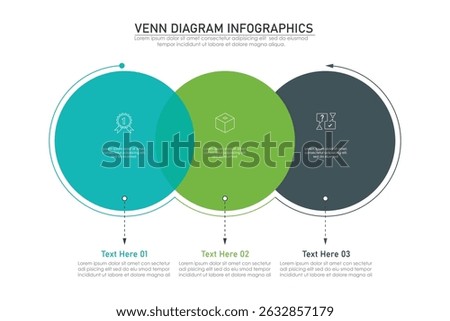 Venn diagram infographic chart template for business 3,  parts, options, presentation with venn diagram elements vector illustration.
