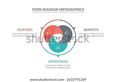 Venn diagram infographic chart template for business 3 parts, options, presentation with venn diagram elements vector illustration.