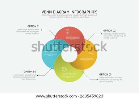 Venn diagram infographic chart template for business 3, 4 parts, options, presentation with venn diagram elements vector illustration.