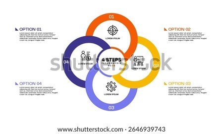 Venn diagram infographic chart template for business 4 step options, presentation with venn diagram elements vector illustration.