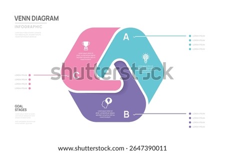 Venn diagram infographic chart template for business 3 step options presentation with icon elements vector illustration.