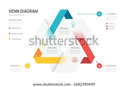 Venn diagram infographic chart template for business 3 color steps options, presentation with venn diagram elements vector illustration.