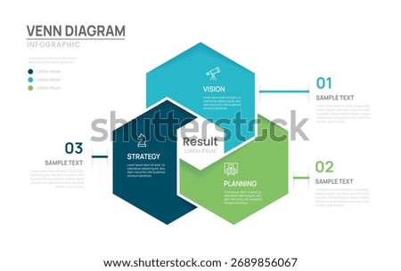 Venn diagram infographic chart template for business 3 parts steps, presentation with venn diagram elements vector illustration. 