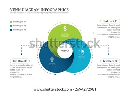Venn diagram infographic chart template for business 3, parts, options, presentation with venn diagram elements vector illustration.