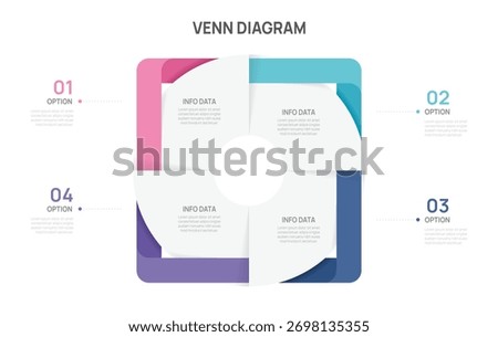 Venn diagram infographic chart template for business 4 color parts options, presentation with icon elements vector illustration.