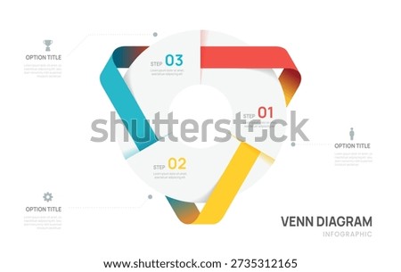 Venn diagram infographic chart template for business 3 color parts options, presentation with icon elements vector illustration.
