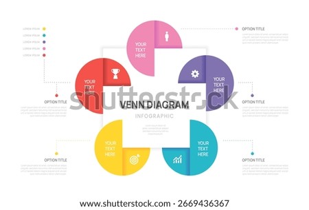 Venn diagram infographic circle chart template business 2,4,5 parts options, presentation with venn diagram elements vector illustration.
