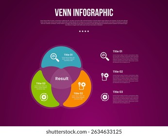 infographie de diagramme de venn avec cercle créer une forme triangulaire avec 3 points style d'arrière-plan sombre pour l'Image vectorielle de présentation de diapositive