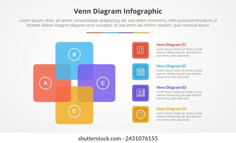 concepto infográfico de diagrama de venn para presentación de diapositivas con ciclo de estructura cuadrada redonda con lista de 4 puntos con estilo plano