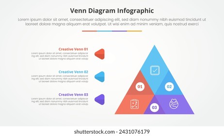 venn diagram infographic concept for slide presentation with triangle pyramid shape combination with 4 point list with flat style