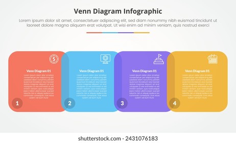 concepto infográfico de diagrama de venn para presentación de diapositivas con cuadrado redondo en dirección horizontal con lista de 4 puntos con estilo plano