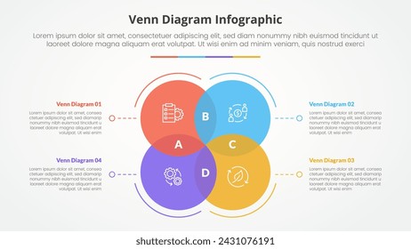 concepto infográfico de diagrama de venn para presentación de diapositivas con forma de estructura cuadrada de círculo grande con lista de 4 puntos con estilo plano