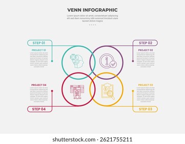 estilo de contorno infográfico de diagrama de venn com modelo de 4 pontos com círculo de contorno na estrutura de matriz com ponteiro de linha de curva de espiral para vetor de apresentação de slide