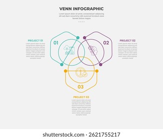 venn diagram infographic outline style with 3 point template with creative circle with outline arrow cycle circular for slide presentation vector