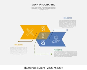 venn diagram infographic outline style with 2 point template with big arrow shape opposite direction for slide presentation vector